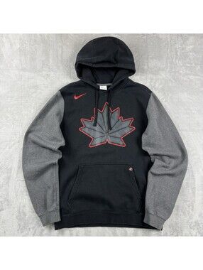 Nike Team Canada Men’s M Black Grey Pullover Hoodie Maple Leaf Hockey Logo Sport